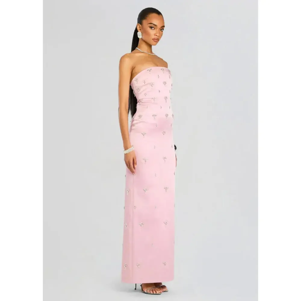 NWT $1098 Elise Blush Pink Satin Crystal Beaded Dress Gown Cocktail XS Rare - Picture 12 of 16